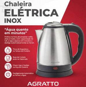 Chaleira Eletrica Inox 1.8L Potencia 1000W 1500W Desligamento Automatico Base 360 Ferve Rapido