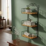 Fruteira Para Parede Com 3 Cestos Em Ferro e Madeira Rustica Preto