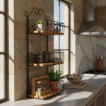 Fruteira Para Parede Com 3 Cestos Em Ferro e Madeira Rustica Preto