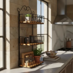 Fruteira Para Parede Com 3 Cestos Em Ferro e Madeira Rustica Preto