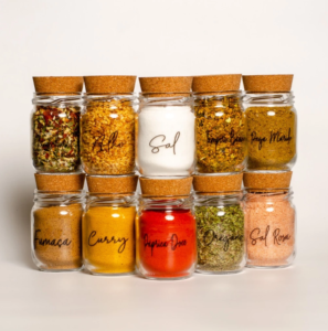 Kit de Potes de Tempero em Vidro com Rolha de Cortiça, 200ml, Inclui Cartela com Adesivos à Prova d’água