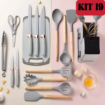 Kit 19 Peças Jogo de Utensílios Para Cozinha em Silicone Com Cabo de Madeira Completo Antiaderente e Resistente ao Calor