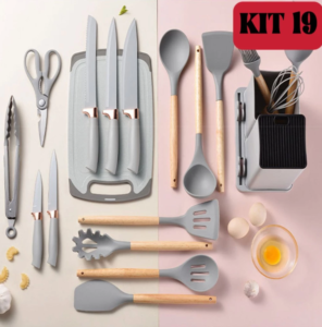 Kit 19 Peças Jogo de Utensílios Para Cozinha em Silicone Com Cabo de Madeira Completo Antiaderente e Resistente ao Calor