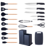 Kit 19 Peças Jogo de Utensílios Para Cozinha em Silicone Com Cabo de Madeira Completo Antiaderente e Resistente ao Calor
