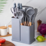 Kit 19 Peças Jogo de Utensílios Para Cozinha em Silicone Com Cabo de Madeira Completo Antiaderente e Resistente ao Calor