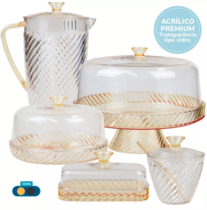 Kit Boleira Alta + Queijeira + Jarra 2 Litros + Manteigueira + Açucareiro Em Acrílico Resistente