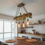 Lustre Rústico de Madeira com Corrente e Folhagem – 4 Pendentes Bivolt