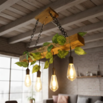 Lustre Rústico de Madeira com Corrente e Folhagem – 4 Pendentes Bivolt