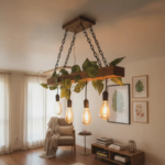 Lustre Rústico de Madeira com Corrente e Folhagem – 4 Pendentes Bivolt