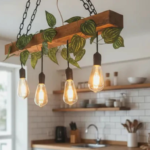 Lustre Rústico de Madeira com Corrente e Folhagem – 4 Pendentes Bivolt