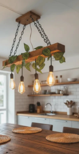 Lustre Rústico de Madeira com Corrente e Folhagem – 4 Pendentes Bivolt