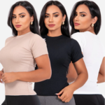 Blusa Feminina Canelada Básica Gola Redonda Casual Confortável e Elegante