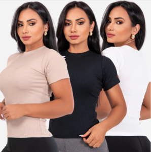 Blusa Feminina Canelada Básica Gola Redonda Casual Confortável e Elegante