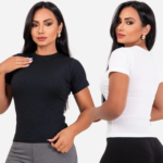 Blusa Feminina Canelada Básica Gola Redonda Casual Confortável e Elegante