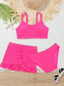 WD VEST Conjunto Praia Juvenil: Biquíni com Saída de Praia Canelada em Cor Lisa