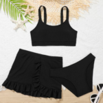 WD VEST Conjunto Praia Juvenil: Biquíni com Saída de Praia Canelada em Cor Lisa