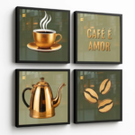 Quadrinhos Decorativos 4 Peças Cantinho Do Café Gourmet Grãos Verde e Dourado Cozinha