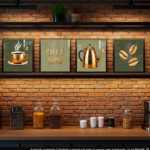 Quadrinhos Decorativos 4 Peças Cantinho Do Café Gourmet Grãos Verde e Dourado Cozinha