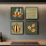 Quadrinhos Decorativos 4 Peças Cantinho Do Café Gourmet Grãos Verde e Dourado Cozinha