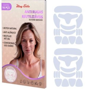 Kit com 2 Silicone Adesivo Lavável Rosto 16 peças Muy Bela Anti rugas natural Skin care Reduz Rugas Reutilize até 30x