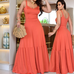 Vestido Longo Feminino Alça Malha Romantic Liso Fresco e Leve