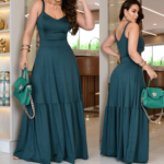 Vestido Longo Feminino Alça Malha Romantic Liso Fresco e Leve