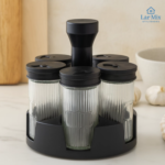 Organizador de Tempero e Condimentos 6 Potes Vidro Base Giratória 360° Tampa Dosadora Cozinha