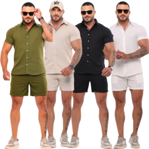Conjunto de Linho Masculino Camisa de Botão Shorts Mauricinho Com Bolso Esporte Fino Social