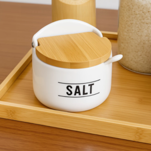 Saleiro De Porcelana Com Colher Tampa Bambu 290ml Manhattan Hauskraft Porta Sal