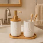 Jogo Banheiro Kit Lavabo Porcelana Sabonete Escova Bandeja