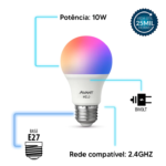 Kit 1 a 5 Lampada Led Pera Smart Inteligente Wi-fi 2.4 GHz 10w RGB Colorido E27 Neo Avant