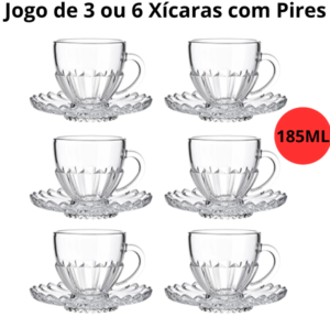 Jogo de Xícara com Pires 6 ou 12 Peças Chá e Café Brasiliano Transparente Vidro 185ml Decorada Luxo