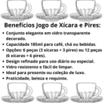 Jogo de Xícara com Pires 6 ou 12 Peças Chá e Café Brasiliano Transparente Vidro 185ml Decorada Luxo