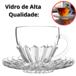 Jogo de Xícara com Pires 6 ou 12 Peças Chá e Café Brasiliano Transparente Vidro 185ml Decorada Luxo